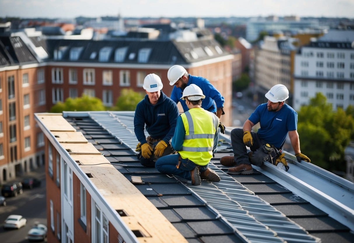 En gruppe arbejdere i hårde hatte inspicerer og reparerer taget på en stor lejlighedsbygning i hjertet af København